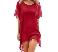 XFSRG Copricostume Donna con Scollo V Copricostumi Chiffon Mare Abito da Spiaggia con Nappa Estivi Allentato Cover Up Costumi Bikini Cover Up Sexy Sciolto Beachwear (Rosso)