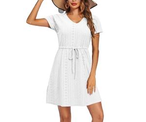 XFSRG Copricostume Donna Manica Corta Scollo a V Bikini Cover Up Estivo Elegant Casual Spiaggia Abito Vacanza Beachwear(Bianco/L)