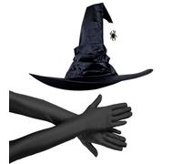 XFSRG Costume da Strega Halloween Donna Set Cappello a Punta con Ragno e Guanti Lunghi Costume di Halloween da Donna Accessori Travestimento Strega Festa in Carnevale(Nero)