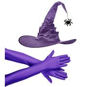 XFSRG Costume da Strega Halloween Donna Set Cappello a Punta con Ragno e Guanti Lunghi Costume di Halloween da Donna Accessori Travestimento Strega Festa in Carnevale(Viola)