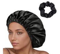 XFSRG Cuffia Seta Capelli Notte Bonnet Seta per Ricci Regolabili Cuffia Notturna con Elasticità Doppio Piano con Fascia per Capelli Berretto da Notte Raso per Donna Ragazza (Nero)