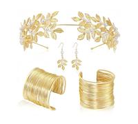 XFSRG Dea Greca Costume Gioielli Set Parure Gioielli per Donna Corona di Foglie d'Oro Bracciali Orecchini Foglia Oro per Feste di Matrimonio (Oro 1)