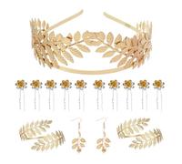 XFSRG Dea Greca Costume Gioielli Set Parure Gioielli per Donna Corona di Foglie d'Oro Bracciali Orecchini Foglia Oro per Feste di Matrimonio (Oro 3)