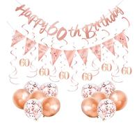 XFSRG Decorazione Compleanno Donna in Rosa Oro con Set Ghirlanda a Spirale e Stelle Filanti come Decorazione Elegante Incluso Stendardo per Addobbi Festivi e Feste (60° Compleanno)