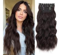 XFSRG Extension per Capelli a Clip 4 Pezzi 60 cm Lunghezza con Capelli Sintetici Ondulati e Clip Pratici per Volume Istantaneo e Aspetto Naturale (Marrone Scuro)