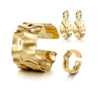XFSRG Gioielli Donna 3 Pezzi Bracciale Anello Orecchini Oro 18K Placcato Texture Irregolari Look Retrò e Moderno per Party Moda Quotidiana e Foto Fashion (Oro)