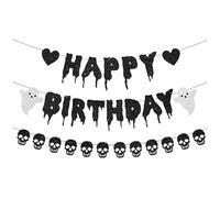 XFSRG Halloween Striscione Nera Glitterata Happy Birthday Decorazioni Compleanno Ghirlanda Nera Teschio per Feste di Compleanno