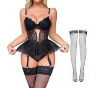 XFSRG Intimo Donna Seducente Corsetto con Giarrettiera Set Lingerie Pizzo Trasparente Elegante Abbigliamento Sexy Reggicalze Babydoll per Feste in Intimo o San Valentino(Nero/XL)