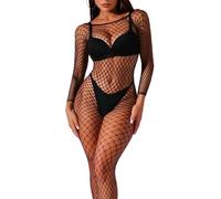 XFSRG Lingerie Donna Pizzo Body Rete Intero Maniche Lunghe Completo Intimo Sexy Abbigliamento Elegante Trasparente Reggicalze Tutina Catsuit Bodystocking Aderente (Nero)