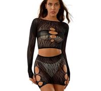XFSRG Lingerie Donna Pizzo Set Due Pezzi Rete Trasparente Maniche Lunghe Completo Intimo Abbigliamento Elegante Vestiti Intimi Sexy Crop Top e Gonna Minigonna