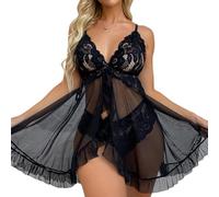XFSRG Lingerie Donna Sexy Steel Ring Pigiama Intimo in Rete Trasparente con Scollo a V Perizoma Abito da Notte Erotico per Adulti in Pizzo e Pigiami(Nero-L)