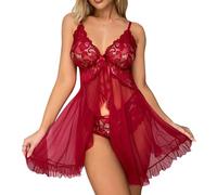 XFSRG Lingerie Donna Sexy Steel Ring Pigiama Intimo in Rete Trasparente con Scollo a V Perizoma Abito da Notte Erotico per Adulti in Pizzo e Pigiami(Rosso-L)