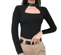 XFSRG Maglia Maniche Lunghe Donna Y2K Crop Top Aderente Basic con Cut out Slim Fit Top Sexy con Scollo Rotondo per Tutti i Giorni e Party (Nero L)