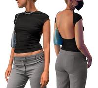 XFSRG Maglia Schiena Scoperta Donna Maglietta a Maniche Corta Elegante Sexy Camicia Slim Fit Camicetta T-Shirt Corta Crop Top Blusa Casual Tinta Unita Clubwear Streetsear (Nero S)