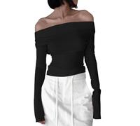 XFSRG Maglietta Maniche Lunghe da Donna Y2K Basic Senza Spalle Crop Top Elegant Pullover off Shoulder Tinta Unita T-Shirt(Nero XL)