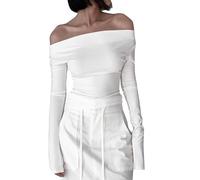 XFSRG Maglietta Maniche Lunghe da Donna Y2K Basic Senza Spalle Crop Top Elegant Pullover off Shoulder Tinta Unita T-Shirt(Bianco L)
