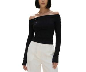 XFSRG Maglietta Maniche Lunghe da Donna Y2K Basic Senza Spalle Crop Top Elegant Pullover off Shoulder Tinta Unita T-Shirt(Nero S)
