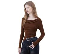XFSRG Maglietta Maniche Lunghe da Donna Y2K Crop Top Camicetta Estetica Elegant Pullover off Shoulder Tinta Unita T-Shirt(Marrone M)