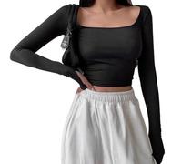 XFSRG Maniche Lunghe T Shirt Donna Collo Quadrato Crop Slim Top Elegante Casual Basic Solido Maglietta Blusa(Nero/S)