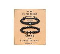 XFSRG None Bracciale Uomo Elegante Con Croce Nera E Perline Naturali - Gioielli Uomo Moderni Per Ogni Occasione (Nero 2)