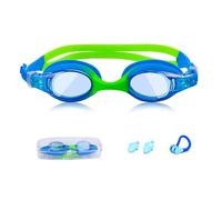 XFSRG Occhialini Da Nuoto Comodi Per Bambini Con Ponte Nasale E Tappi Per Le Orecchie Come Maschera Subacquea Impermeabile Con Protezione UV E Rivestimento Anti Appannamento (Blu e Verde)