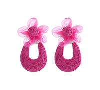 XFSRG Orecchini Boho a Fiore in Raffia Intrecciata Orecchini Estivi Leggeri Fatti a Mano con Fiori in Rete Trasparente Accessorio Naturale per Donna (Rosso rosa)