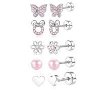 XFSRG Orecchini Clip Bambina Ragazza Anallergici Set 6 Paia Eleganti Design Farfalla Fiore Perle Cuore Moda Gioielli (Rosa)