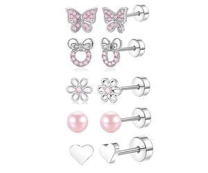 XFSRG Orecchini Clip Bambina Ragazza Anallergici Set 6 Paia Eleganti Design Farfalla Fiore Perle Cuore Moda Gioielli (Rosa)