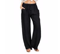 XFSRG Pantaloni Donna Estivi Palazzo Larghi Lino Casual Cotone Leggeri con Tasche Comodi Pantalone Ampi Elastico Vita Alta Cordoncino per Spiaggia Ufficio Viaggio (Nero/L)