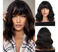 XFSRG Parrucca Bob Ondulata con Frangia Corto Ondulato Bob Parrucche 35 cm Sintetica Resistente per Cosplay Feste e Uso Quotidiano (Marrone chiaro)