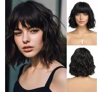 XFSRG Parrucca Bob Ondulata con Frangia Corto Ondulato Bob Parrucche 35 cm Sintetica Resistente per Cosplay Feste e Uso Quotidiano (Nero)