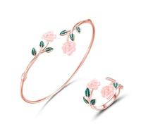 XFSRG Parure Gioielli da Donna 18K Placcato Oro Acciaio Set di Bacciale e Anello Rosa Inossidabile Fortunato Set Di Gioielli Per Mamma Moglie Fidanzata