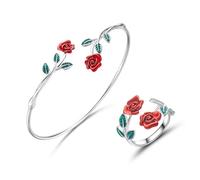 XFSRG Parure Gioielli da Donna 18K Placcato Oro Acciaio Set di Bacciale e Anello Rosa Inossidabile Fortunato Set Di Gioielli Per Mamma Moglie Fidanzata(argento)