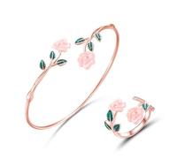 XFSRG Parure Gioielli da Donna 18K Placcato Oro Acciaio Set di Bacciale e Anello Rosa Inossidabile Fortunato Set Di Gioielli Per Mamma Moglie Fidanzata(rosa)
