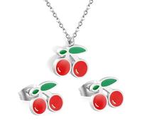 XFSRG Parure Gioielli Donna Ciliegia Design Collana e Orecchini Set di Gioielli Eleganti per Ogni Occasione(Argento)