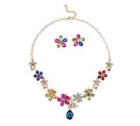XFSRG Parure Gioielli Donna Collana con Pendente a Goccia e Orecchini a Fiori in Cristallo Strass Stile Jewellery Regolabile Adatta per Matrimoni e Feste (Multicolore)