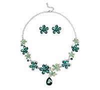 XFSRG Parure Gioielli Donna Collana con Pendente a Goccia e Orecchini a Fiori in Cristallo Strass Stile Jewellery Regolabile Adatta per Matrimoni e Feste (Verde)
