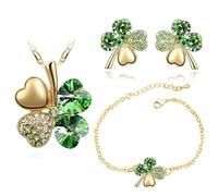 XFSRG Parure Gioielli Donna con Collana Quadrifoglio Portafortuna Orecchini e Bracciale con Ciondolo in Cristallo Elegante per Matrimoni e Feste (Verde-1)