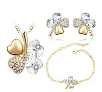 XFSRG Parure Gioielli Donna con Collana Quadrifoglio Portafortuna Orecchini e Bracciale con Ciondolo in Cristallo Elegante per Matrimoni e Feste (Oro)