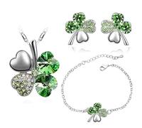XFSRG Parure Gioielli Donna con Collana Quadrifoglio Portafortuna Orecchini e Bracciale con Ciondolo in Cristallo Elegante per Matrimoni e Feste (Verde-2)
