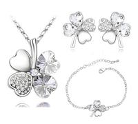 XFSRG Parure Gioielli Donna con Collana Quadrifoglio Portafortuna Orecchini e Bracciale con Ciondolo in Cristallo Elegante per Matrimoni e Feste (Argento)