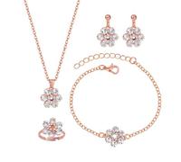 XFSRG Parure Gioielli Donna Fiore Cristallo Set Collana Orecchini Bracciale Anello Elegante Moda Accessori per Festa e Matrimonio (Oro rosa, 4 pezzi)