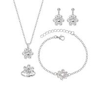 XFSRG Parure Gioielli Donna Fiore Cristallo Set Collana Orecchini Bracciale Anello Elegante Moda Accessori per Festa e Matrimonio (Argento, 4 pezzi)