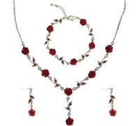 XFSRG Parure Gioielli Donna Rosa Rossa Collana Bracciale Orecchini Cristallo Elegante Cerimonia Matrimonio Accessori