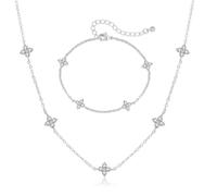 XFSRG Parure Gioielli Quadrifoglio da Donna Regolabile 18K Placcato Oro Collana Bracciale Set con Zirconia Dainty Gioielli Sposa Set per Uso Quotidiano e Occasioni Speciali (Argento)