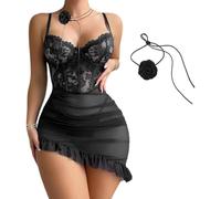 XFSRG Pigiama Sexydonna Sottoveste Bustier con Pizzo Floreale Abito da Notte Elegante Vestito Corto con Gonna Volant Hot Abbigliamento Notturno Camicia da Notte Sensuale