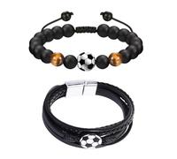 XFSRG Set di Braccialetti da Tifoso di Calcio Braccialetto Motivazionale con Charm a Forma di Pallone e Bracciale in Pelle Regolabile con Chiusura Magnetica Gioiello Sportivo alla Moda (Nero-2)