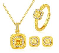 XFSRG Set di Gioielli Donna in Oro con Cristalli Collana Anello e Orecchini Quadrati Elegante Parure Gioielli per Occasioni Speciali
