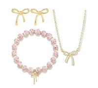 XFSRG Set di Gioielli Elegante con Fiocco a Farfalla 3 Pezzi Collana Bracciale Elastico e Orecchini per un Look Delicato da Tutti I Giorni o per Feste (Rosa)