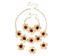 XFSRG Set di Gioielli Floreali da Donna Pendenti 4 Pezzi Design Floreale Retrò con Rose Dorate Centro Rosso Collana Orecchini Anello e Bracciale Coordinati per Eventi Eleganti